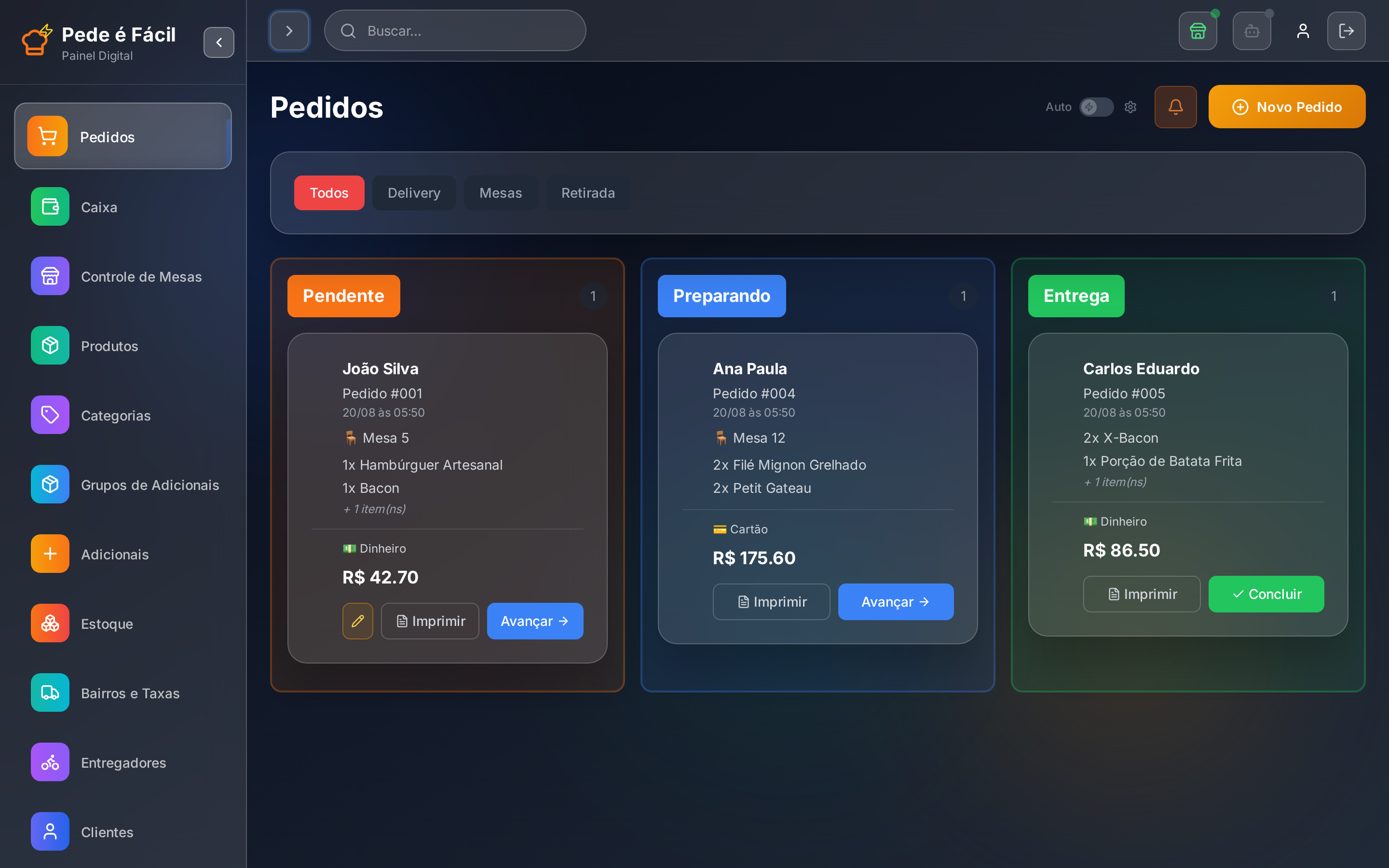 Painel de pedidos em tempo real do Pede é Fácil (Kanban)