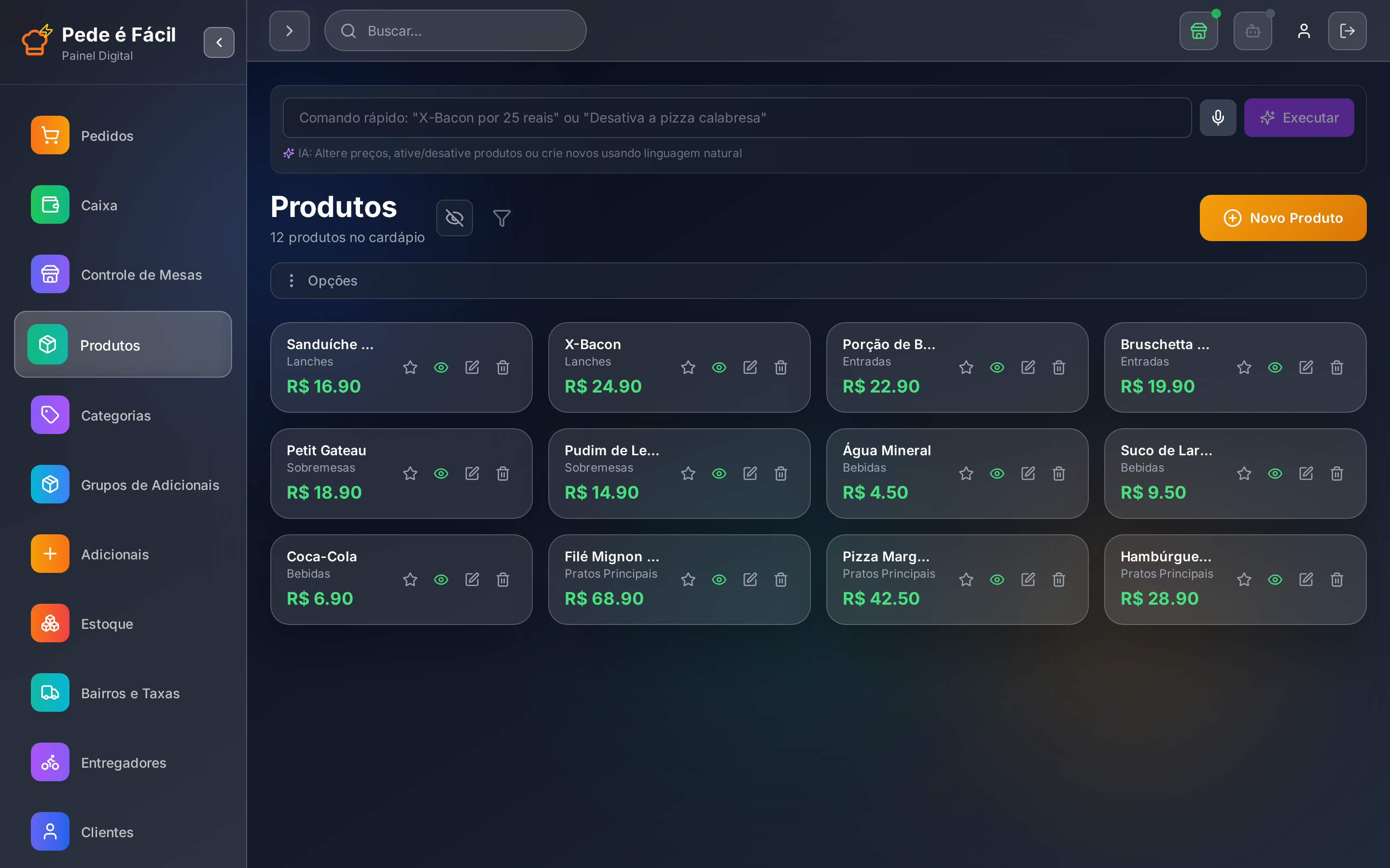 Gestão de produtos com comando por IA no Pede é Fácil